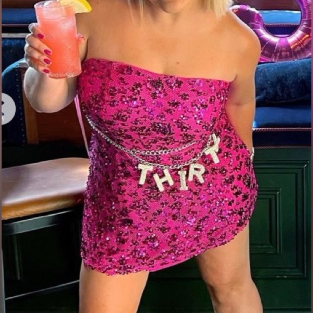 12th Tribe Hot Pink Sequin Strapless Mini Dress - Picture 2 of 4